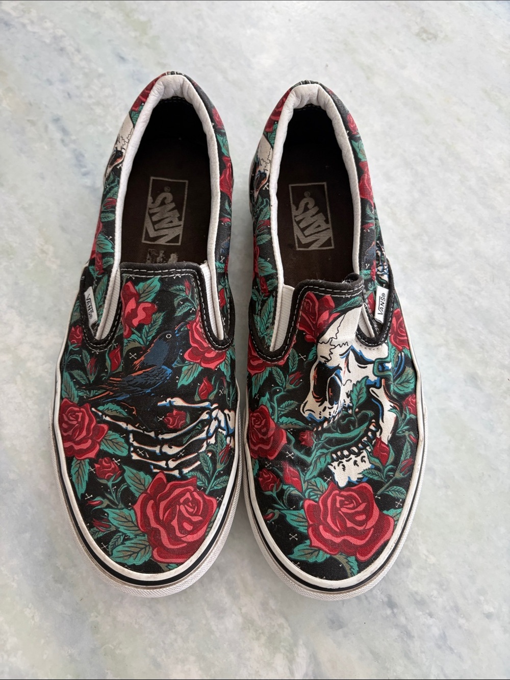 Vans Black Slip-On Sneakers with Red Roses & Green Leaves